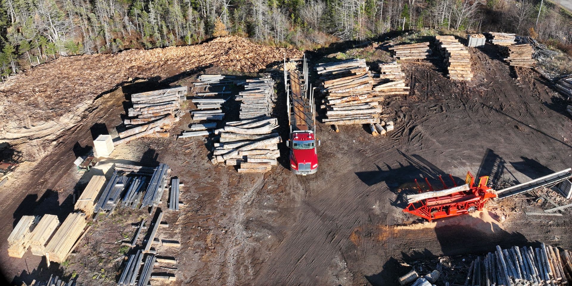 Aerial view of Hugh MacInnis Lumber firewood processing yard