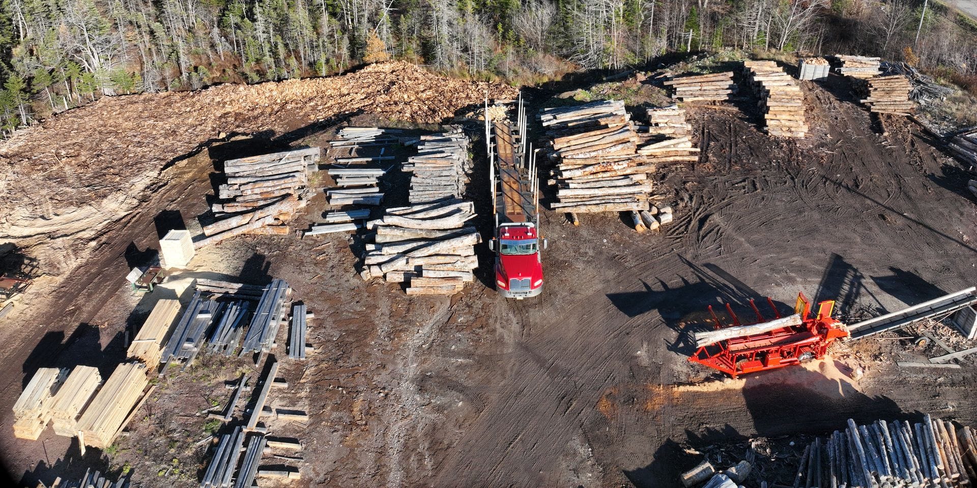 Aerial view of Hugh MacInnis Lumber firewood processing yard