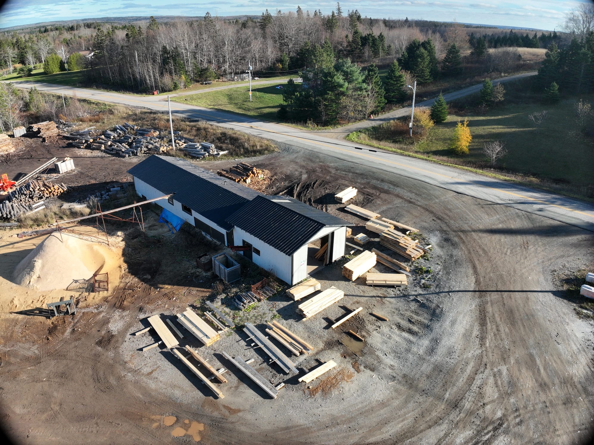 Aerial view of Hugh MacInnis Lumber sawmill in Frenchvale, Cape Breton